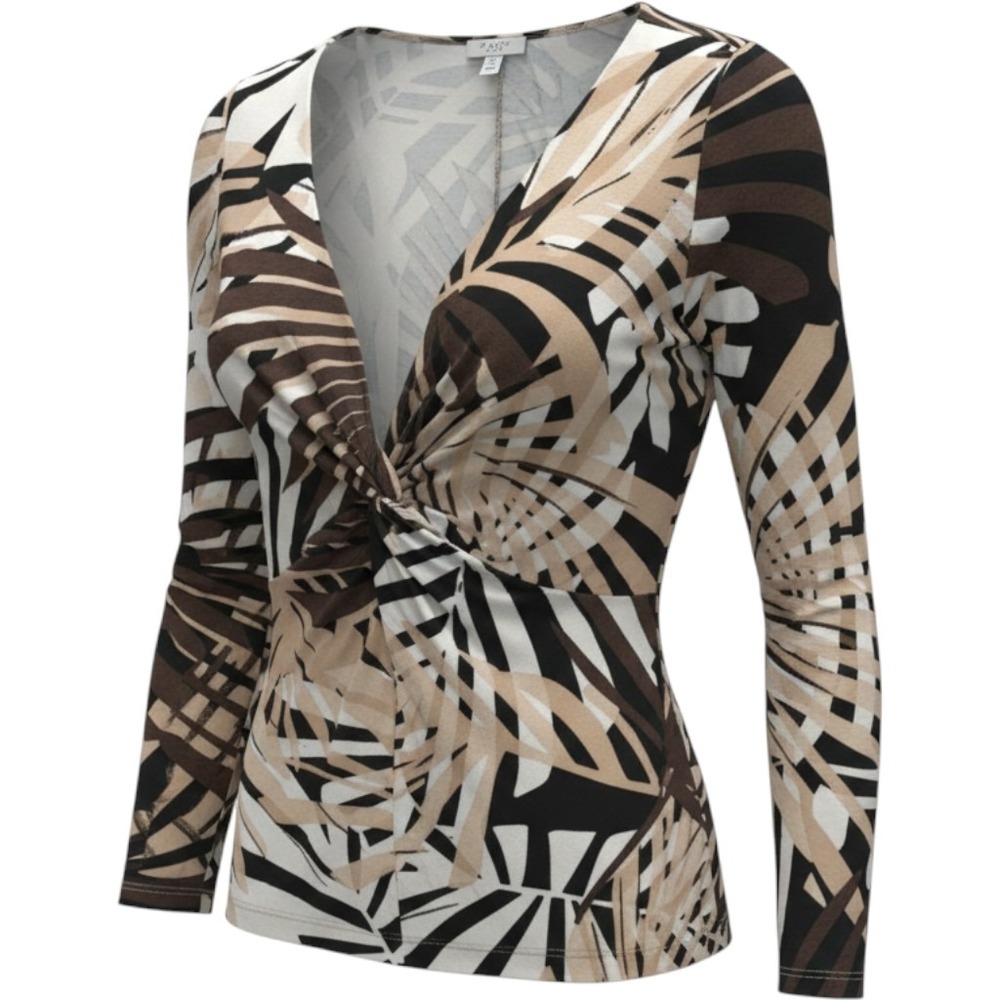 Cache Twist Front Top Size Small Brown Tan Tropical Palm Print Long Sleeve
